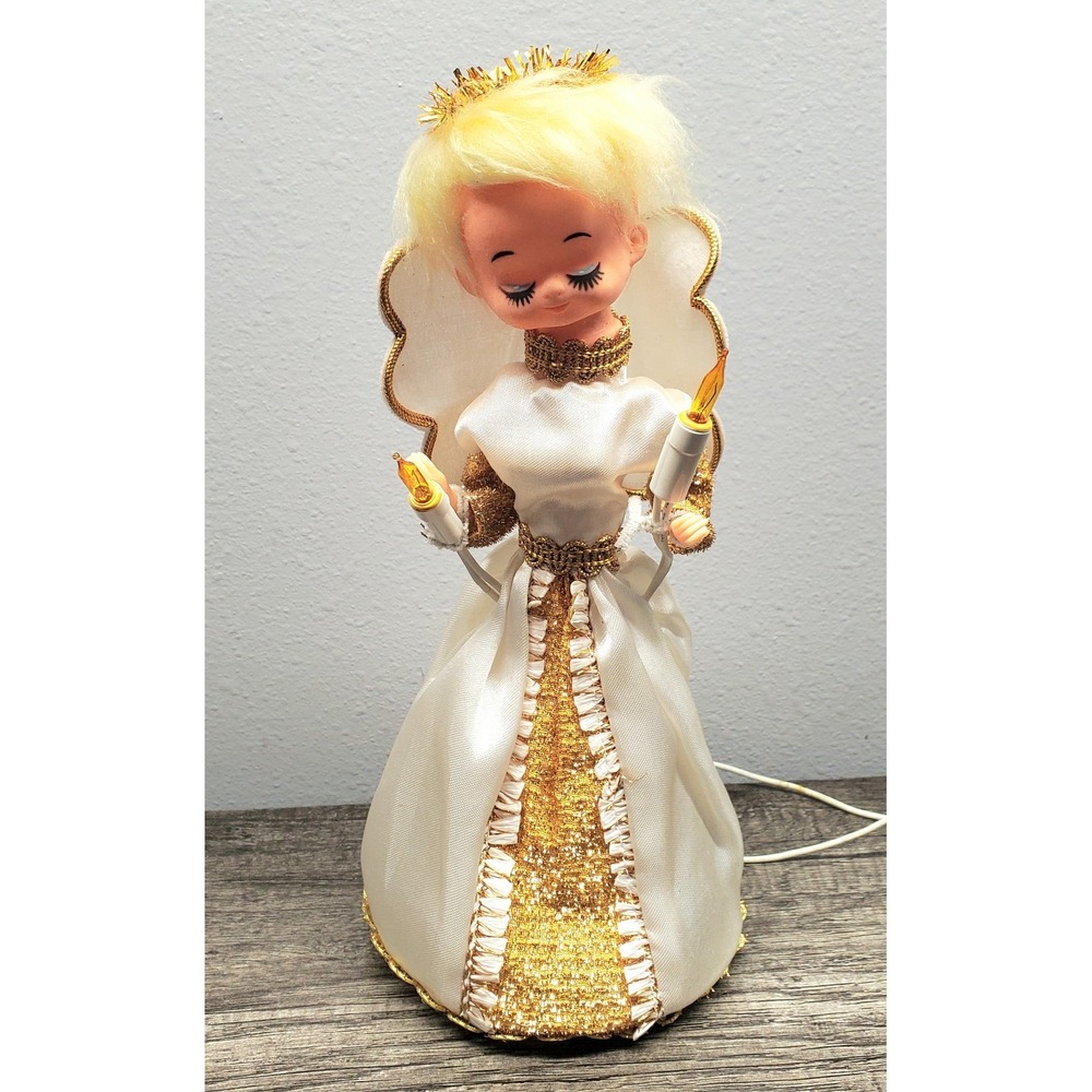 Vintage 1970's Lighted Christmas Blonde Girl Angel Tree Topper Gold White 10.5"